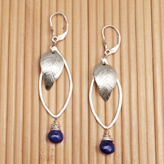 Leaf And Sapphire Sterling Silver Oval Earrings